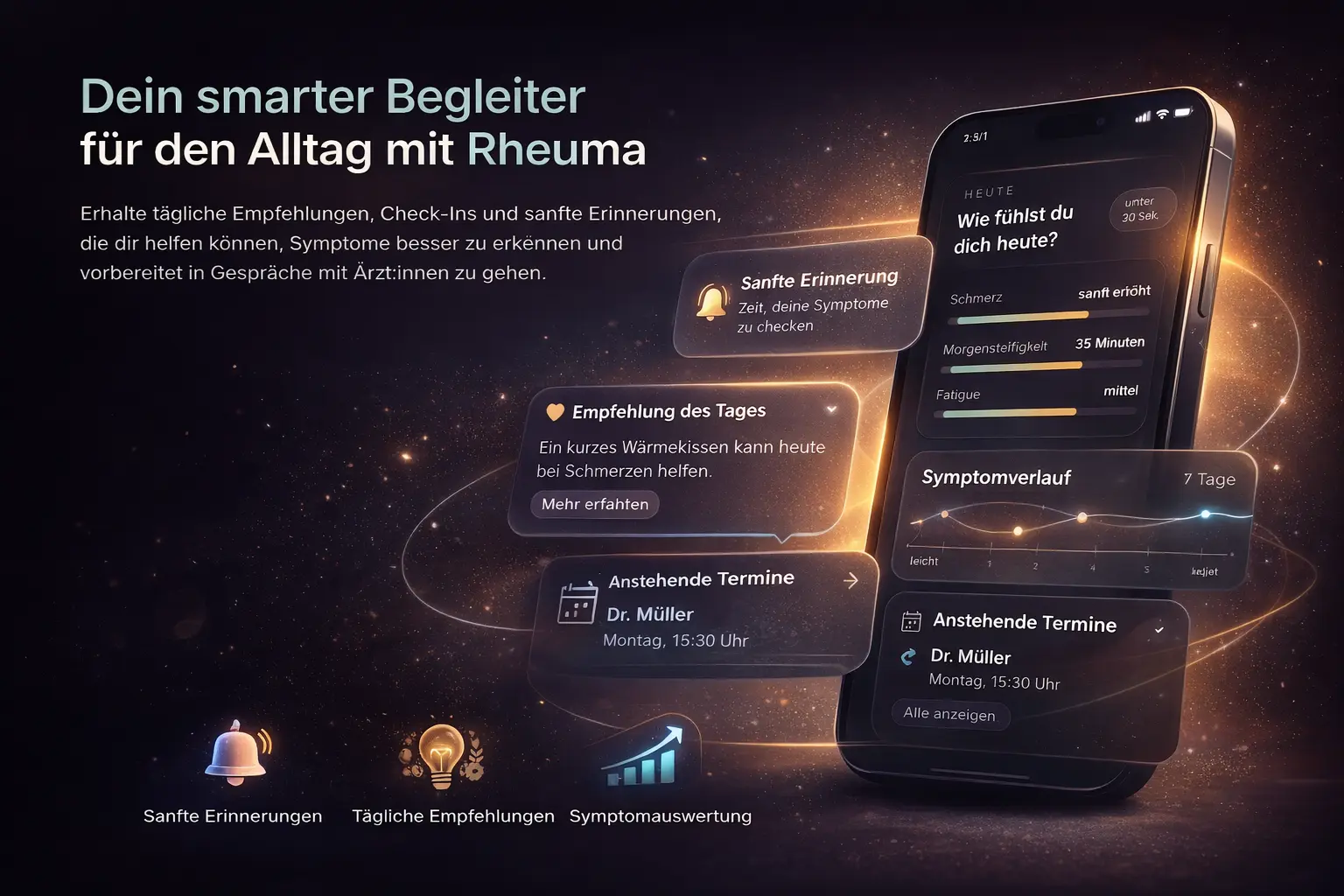 Produktvorschau des Rheuma-Begleiters mit ruhigem Einstieg in Tagescheck und Einordnung.